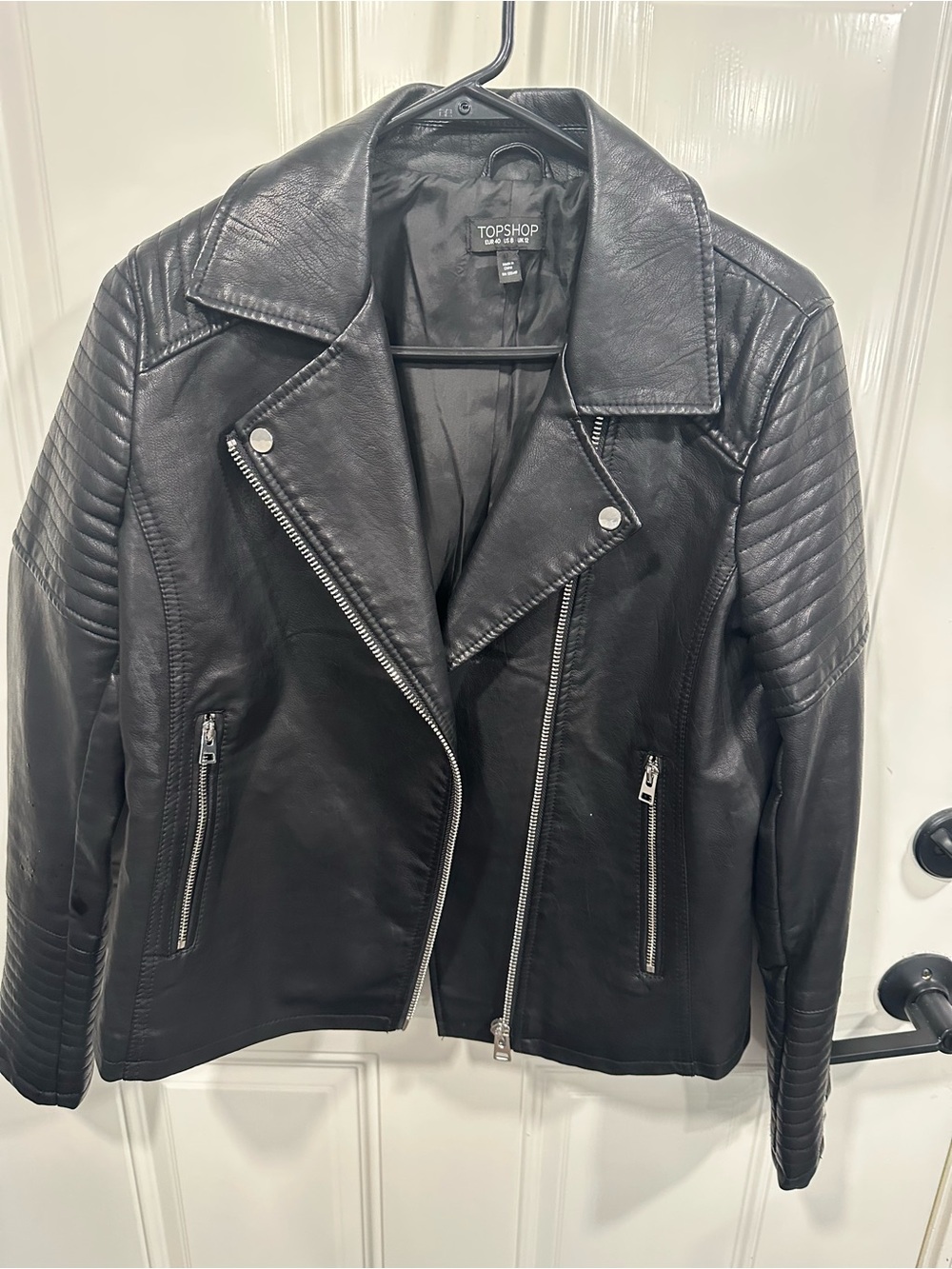TOPSHOP Black Quilted Sleeve Faux Leather Moto Jacket